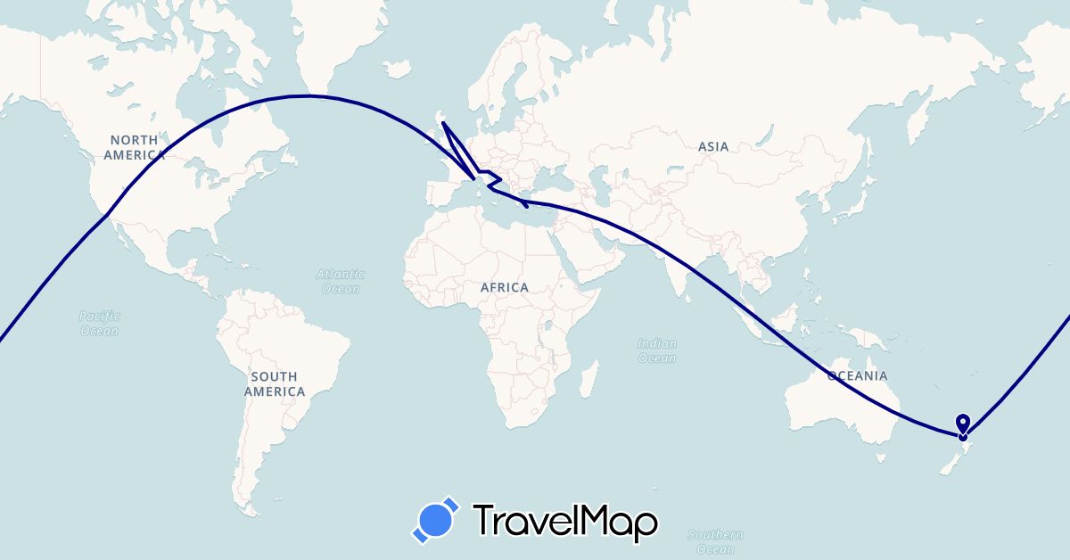 TravelMap itinerary: driving in France, United Kingdom, Greece, Croatia, Italy, New Zealand, Singapore, United States (Asia, Europe, North America, Oceania)